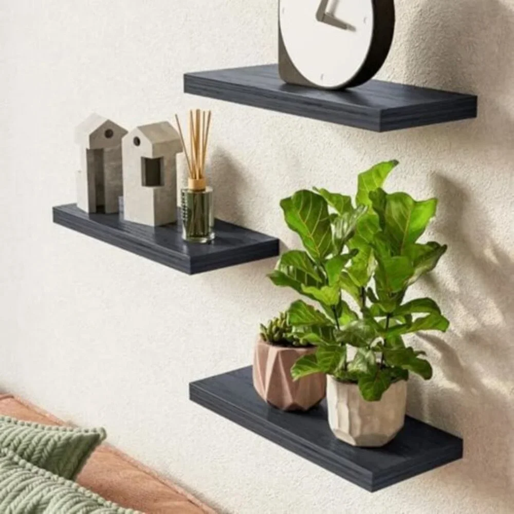 New Set of 3 Rustic Wood Hanging Floating Wall Shelves for Storage - Black